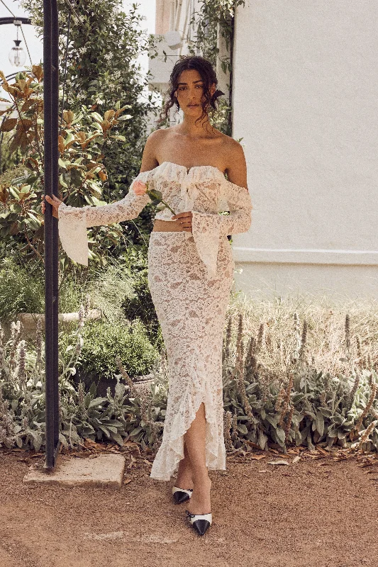 Artemis Lace Plisse Maxi Skirt - Ivory denim skirt stylish