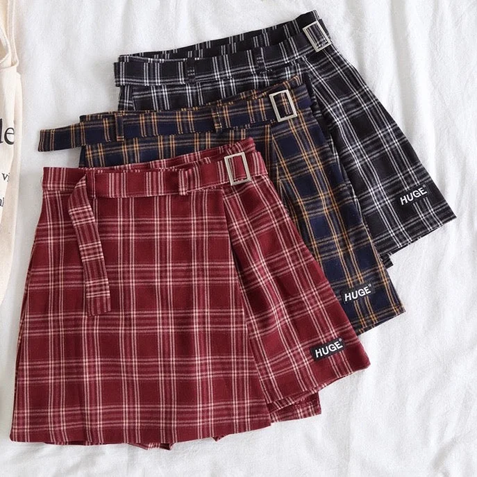 Belted Asymmetrical Plaid Skirt (3 Colors) cashmere skirt rich
