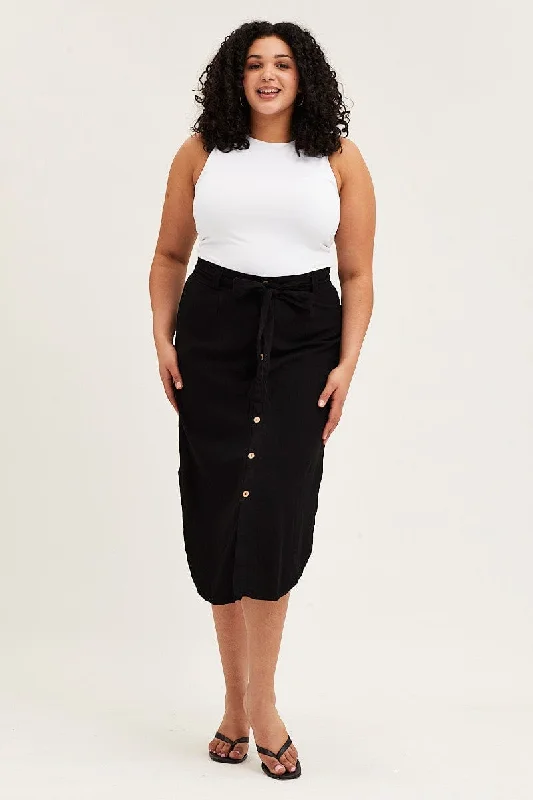 Black Button Front Linen Blend Midi Skirt silk skirt luxurious
