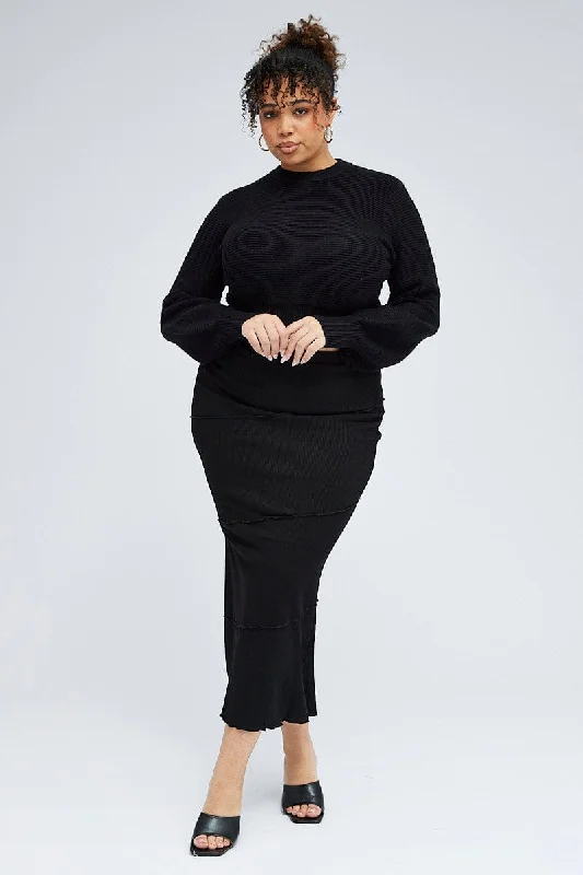 Black Maxi Skirt Asymmetrical Rib relaxed fit skirt