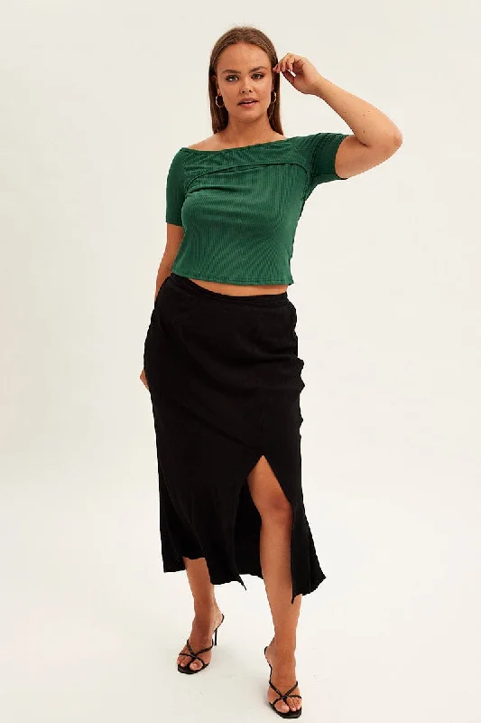 Black Midi Skirt Elastic Waist Split Side Linen Blend denim skirt durable