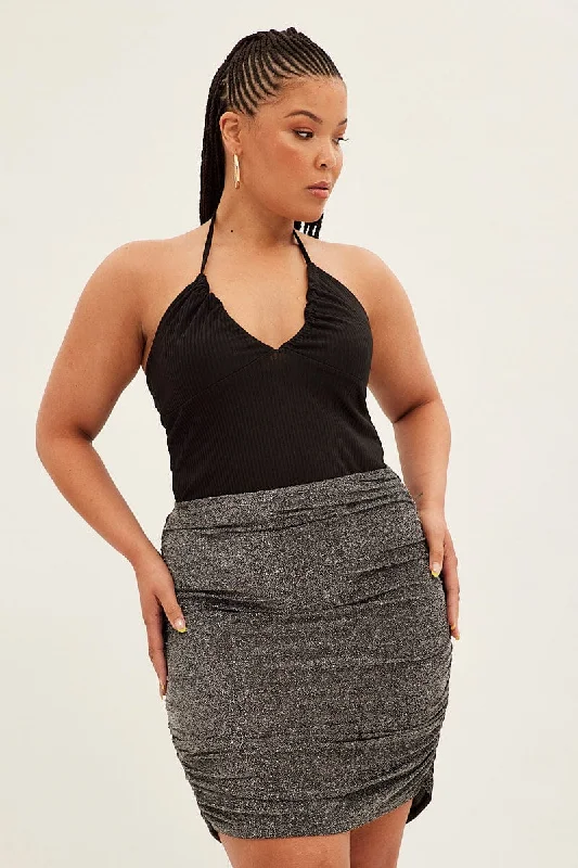Black Mini Skirt Lurex Elastic Waist Ruched cashmere skirt plush