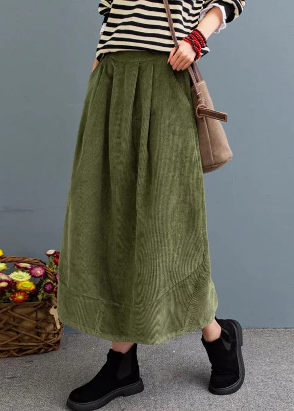 Bohemian Green High Waist Pockets Velour A Line Skirts Fall breathable skirt fabric