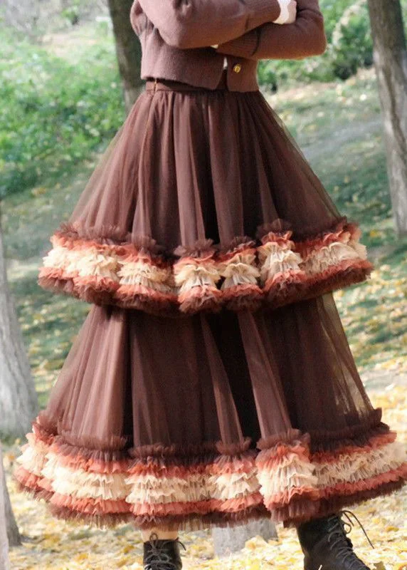 Brown Tulle Vacation Skirt Layered Ruffled Spring athletic skirt fit