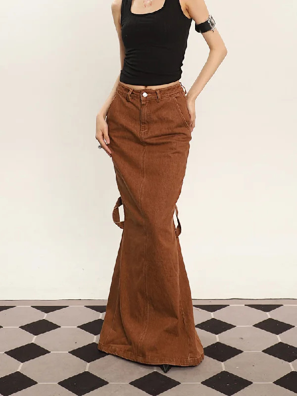 Cenza Solid Color Denim Brown High-rise Split Summer Fishtail Hip Skirt lace skirt delicate
