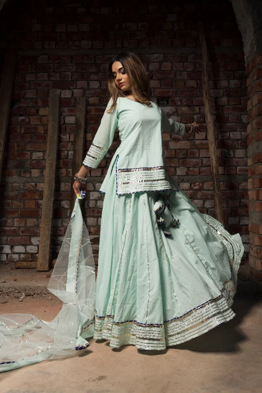 Women's CHAKRIKA AQUA BLUE PURE COTTON KURTA SKIRT SET - Pomcha Jaipur velvet skirt luxury