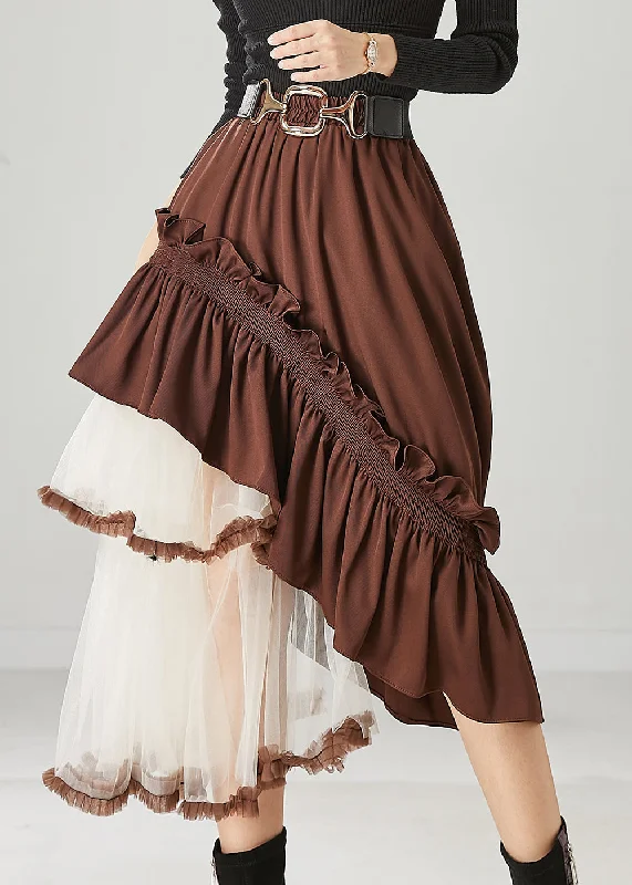 Chic Brown Asymmetrical Patchwork Ruffled Tulle Skirts Spring button skirt front