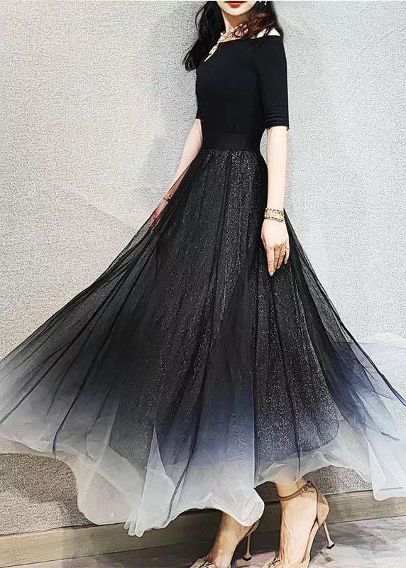 Chic Gradient Black Exra Large Hem Tulle Skirts Spring linen skirt relaxed