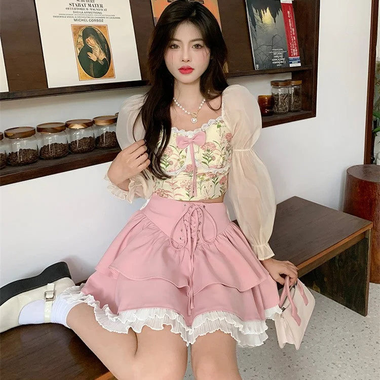 Chiffon top + cake skirt yv31522 leather skirt bold