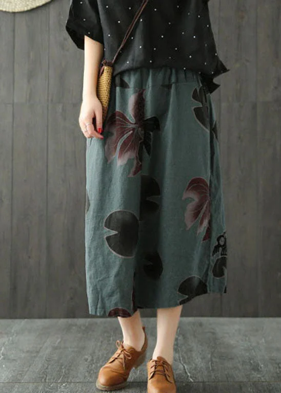 Classy blackish green side open pockets print Skirts Spring breathable skirt fabric