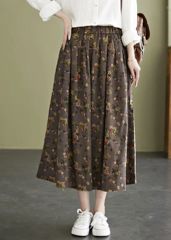 Classy Coffee Elastic Waist Print Cotton A Line Skirt Fall silk skirt smooth