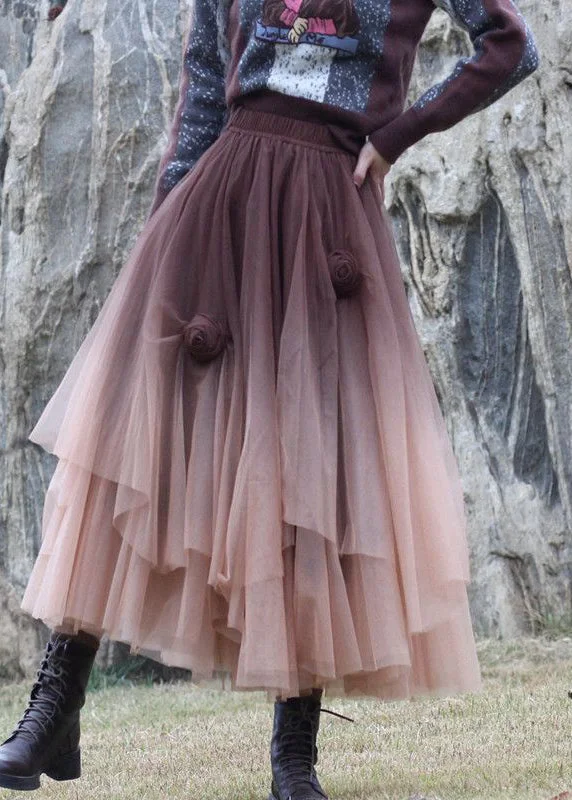 Coffee Floral Tulle Skirts Asymmetrical Exra Large Hem Spring low waist skirt