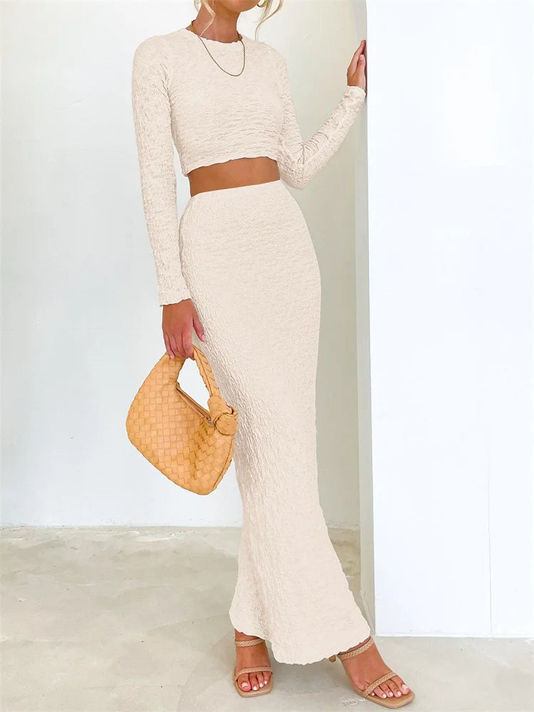 JuliaFashion - Crew Neck Long Sleeve Tops Long Skirts Suits pleated skirt texture