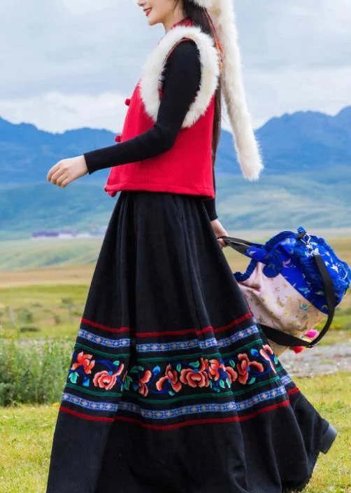 DIY black Cotton quilting clothes pleated tunic embroidery skirt seamless skirt comfort