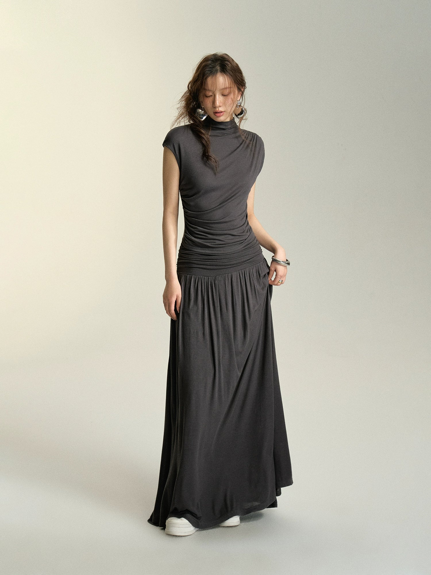 High Neck T-Shirt & Midi Skirt Set floral skirt print