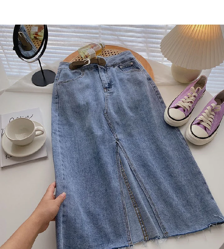 Korean version of Hong Kong style high waist split medium and long A-line skirt  5702 patchwork skirt art