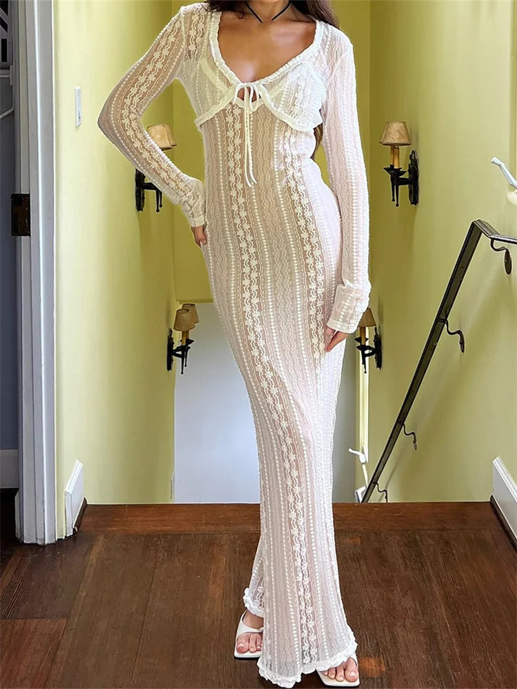 JuliaFashion - Lace Floral Sleeveless Front Lace-up Long Skirts Suits high slit skirt