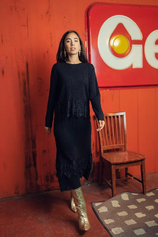 LACE TRIM SKIRT-BLACK linen skirt light