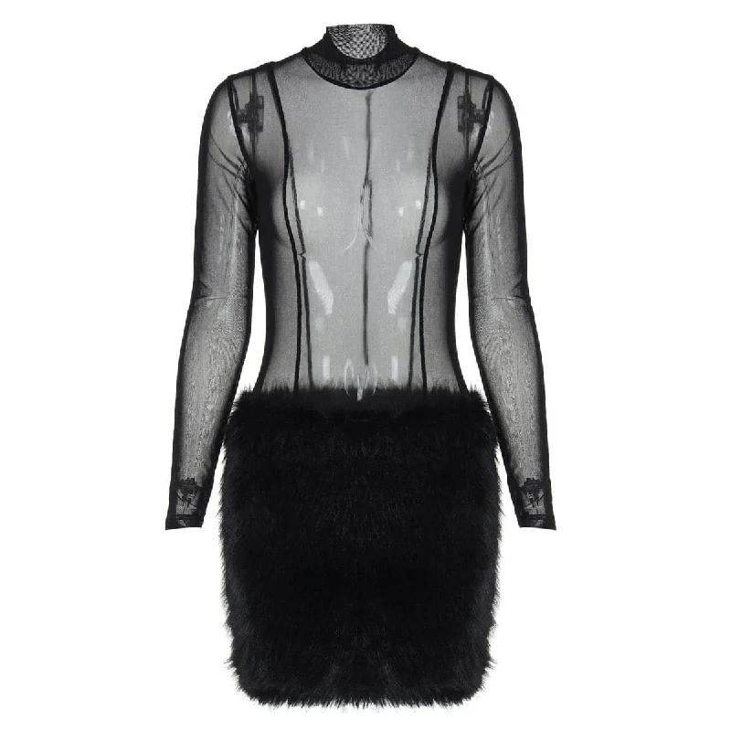 Long sleeve high neck mesh fluffy mini skirt set corduroy skirt durable