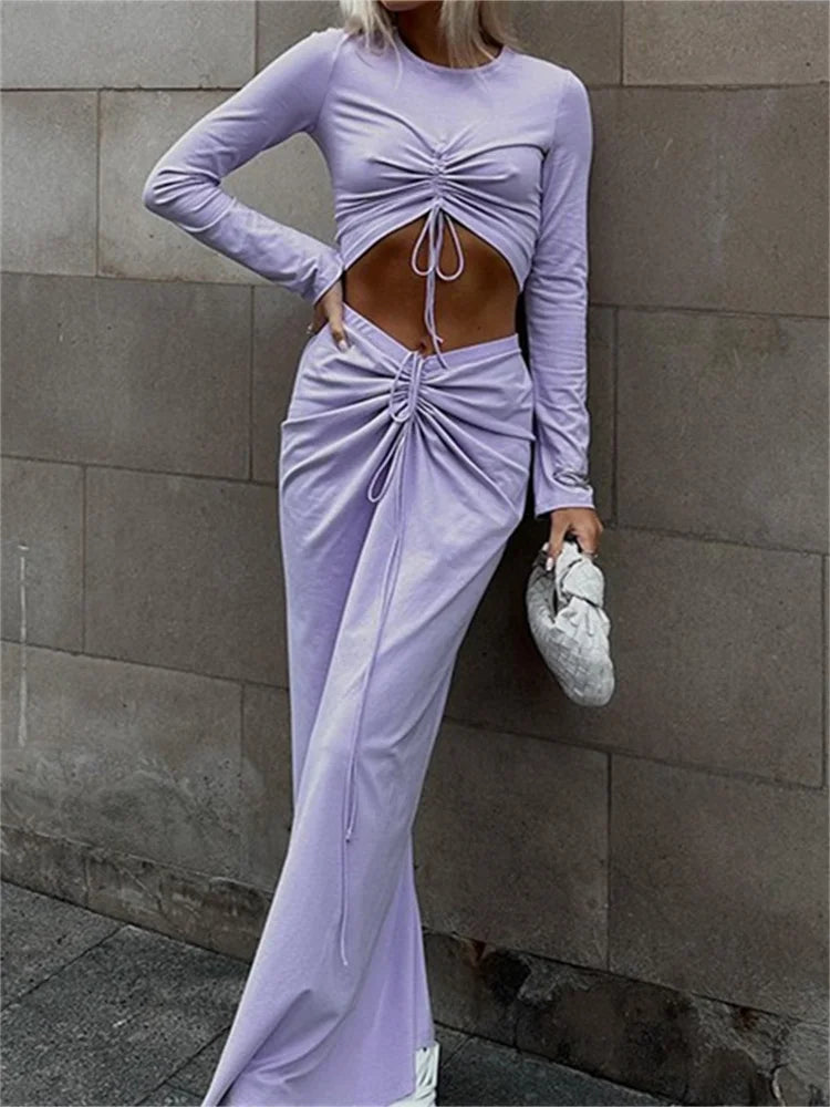 JuliaFashion - Long Sleeve Tie-up O-neck T-shirts Long Skirts Suits leather skirt durable