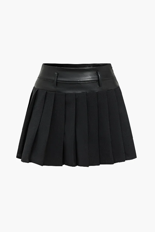 Basic Solid Faux Leather Pleated Mini Skirt denim skirt classic