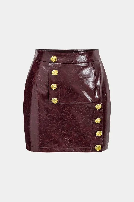 Faux Leather High Waist Metallic Button Skirt belted skirt waist