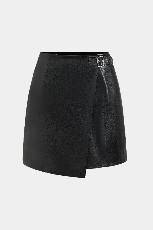 Faux Leather Metallic Buckle Skirt wool skirt sturdy