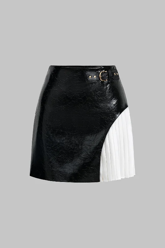 Faux Leather Metallic Patchwork Mini Skirt pleated skirt texture