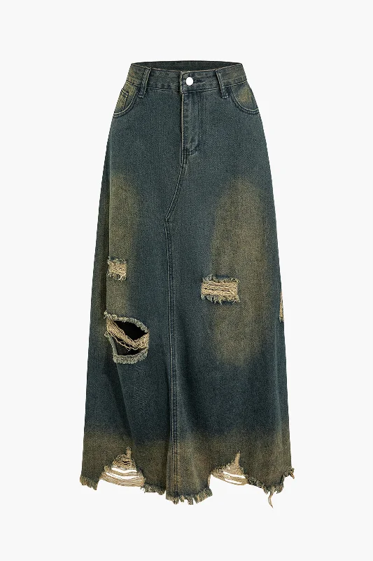 Frayed Cut Out Button Washed Denim Skirt tiered skirt playful