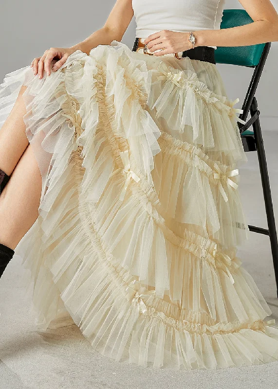 Modern Apricot Bow Layered Tulle Beach Skirt Spring chiffon skirt delicate