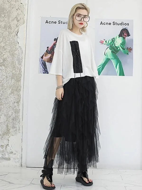 Mu black chiffon skirt Fashion Sewing asymmetric Art Summer skirt denim skirt stylish