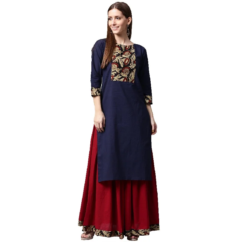 NOZ2TOZ Blue Printed 3/4Th Sleeve Cotton Kurta With Maroon Skirt leather skirt bold