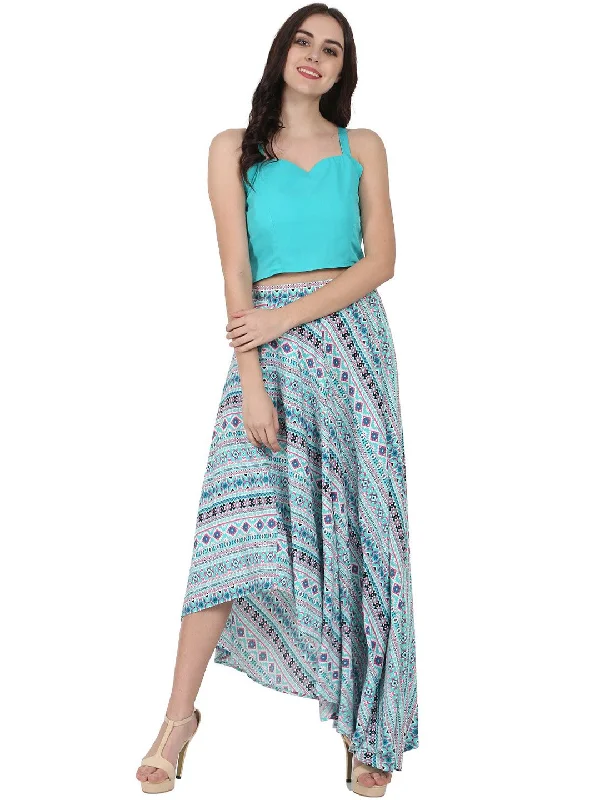 NOZ2TOZ Blue Sleeveless Crepe Crop Top With Flared Printed Assymetric Skirt wool skirt warm