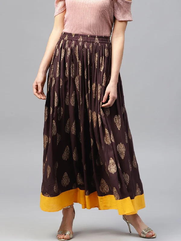 NOZ2TOZ Chocolate Brown Printed Flared Skirt chiffon skirt airy