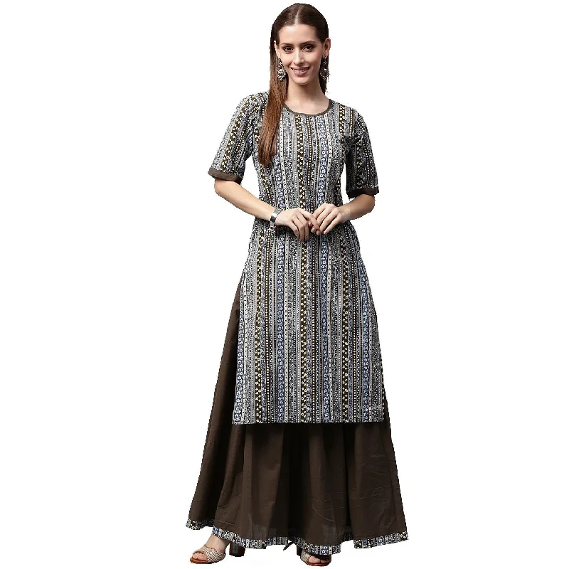 NOZ2TOZ Grey Printed Half Sleeve Cotton Kurta With Black Skirt lightweight skirt design