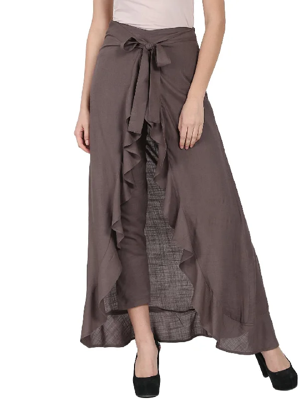 NOZ2TOZ Taupe Ankle Length Rayon Slub Flared Skirt corduroy skirt cozy