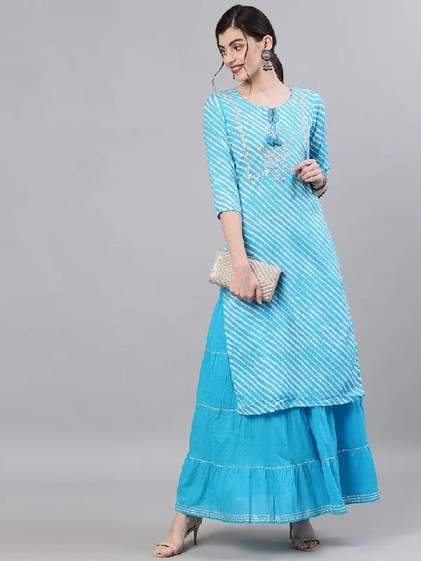 Women's Blue Leheriya Kurta & Skirt suit Set by Ishin- (2pcs set) denim skirt durable
