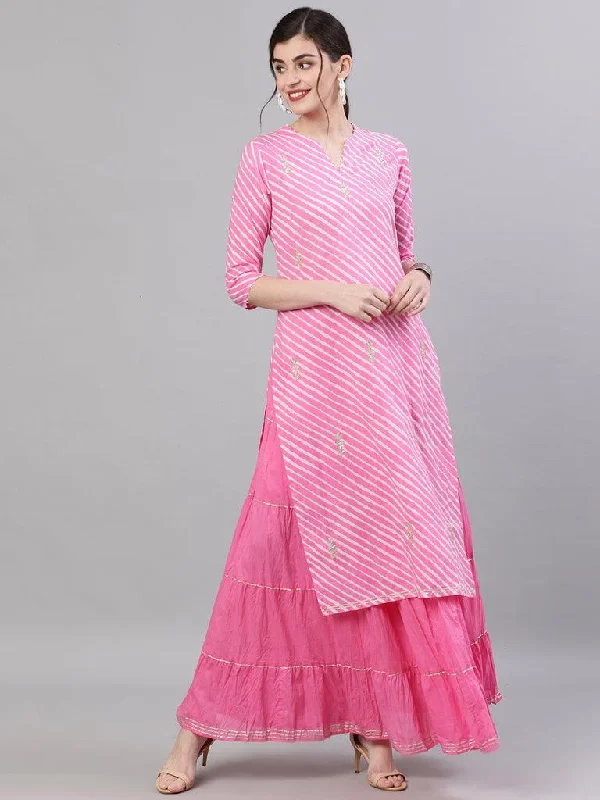 Women's Cotton Pink Leheriya Print Gota Patti Embellished A-Line Kurta Skirt Set - Ishin leather skirt sleek