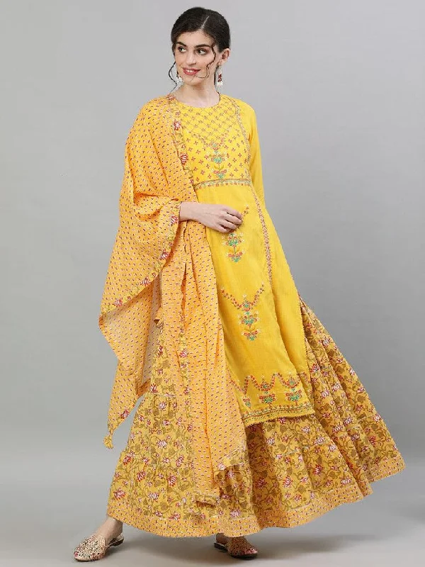 Women's Rayon Yellow Embroidered Straight Kurta Skirt Dupatta Set - Ishin velvet skirt rich