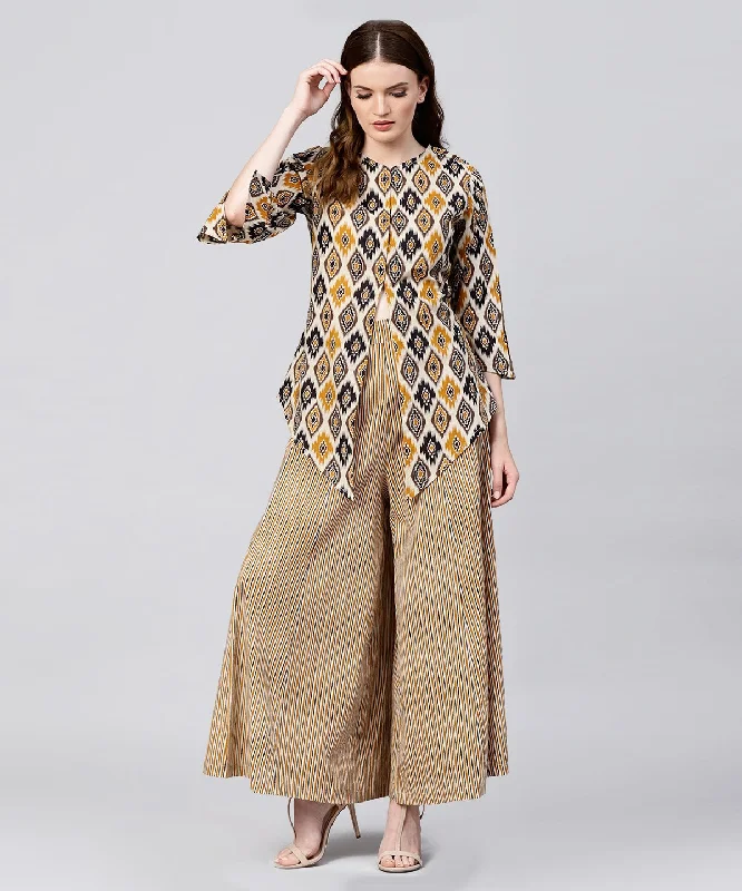 NOZ2TOZ Yellow Printed 3/4Th Sleeve Cotton Assymetric Tops With Striped Flared Skirt modal blend skirt