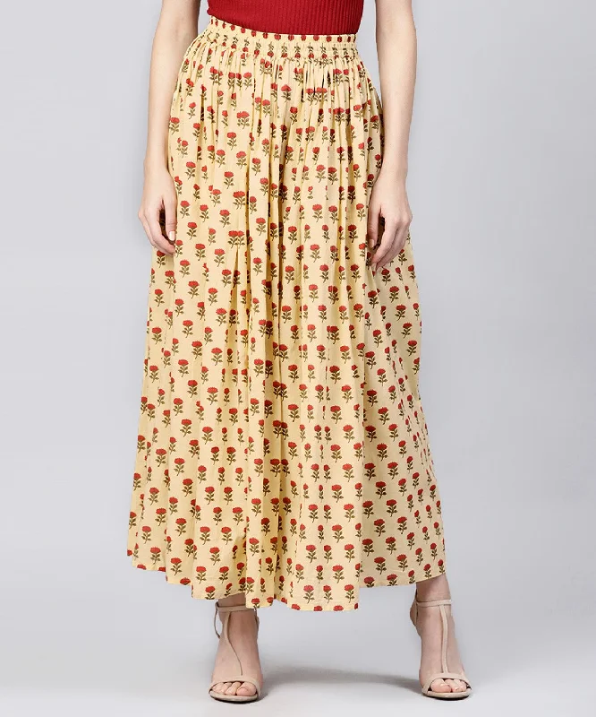 NOZ2TOZ Yellow Printed Cotton Ankle Length Flared Skirt corduroy skirt comfortable
