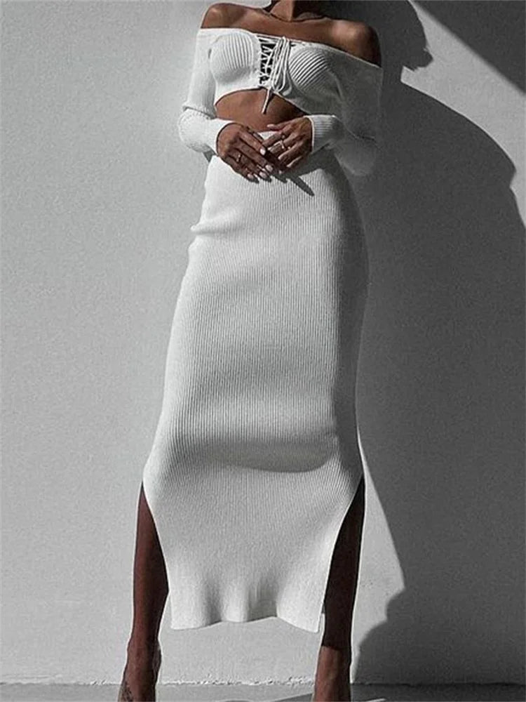 Off Shoulder Long Sleeve Tie-up Sweaters Long Skirts Suits corduroy skirt cozy