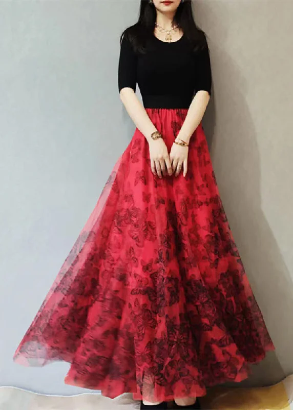 Plus Size Red Print High Waist Exra Large Hem Tulle Skirts Spring button skirt front