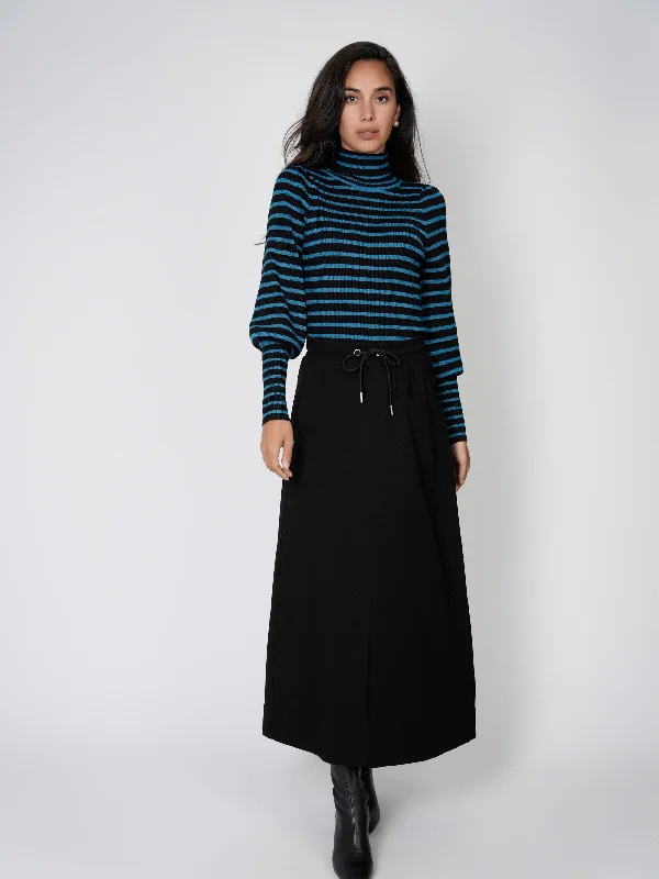 DRAWSTRING PONTE SKIRT-BLACK silk skirt lustrous