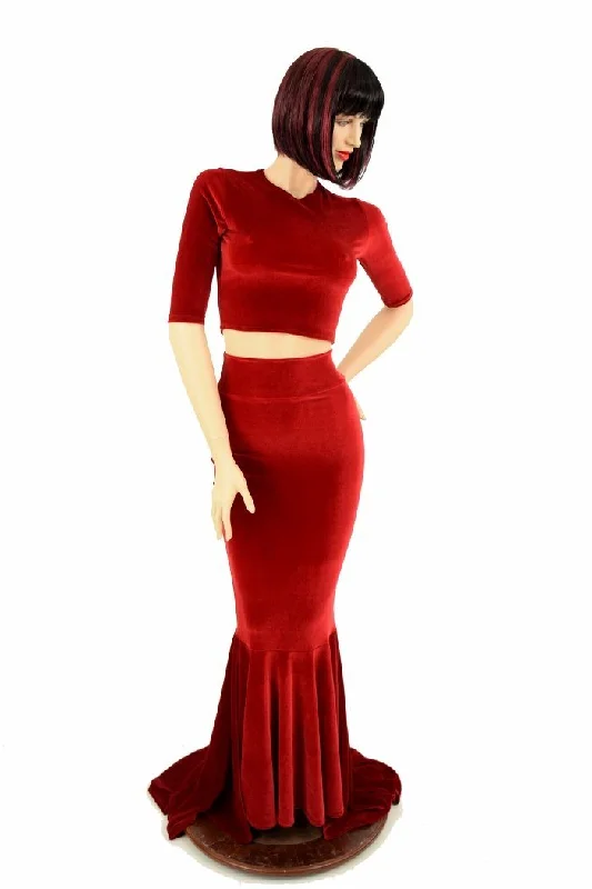 Red Velvet Skirt & Crop Set silk skirt lustrous
