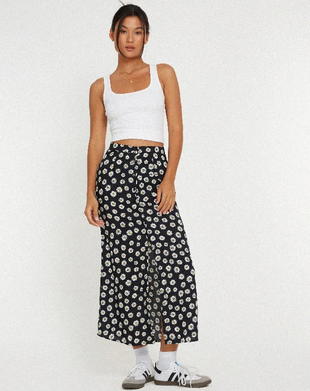 Rima Midi Skirt in Grunge Daisy Black silk skirt lustrous