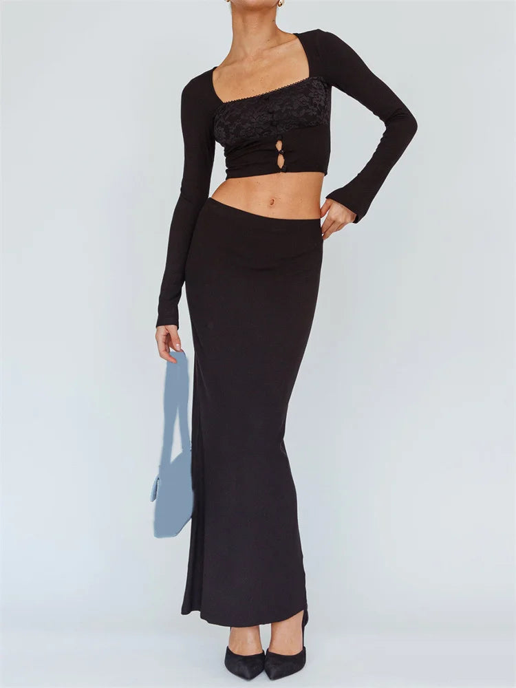 JuliaFashion - Romantic Vintage  Classic Floral Lace Button Tops with Slim Skirts Suits chiffon skirt lightweight