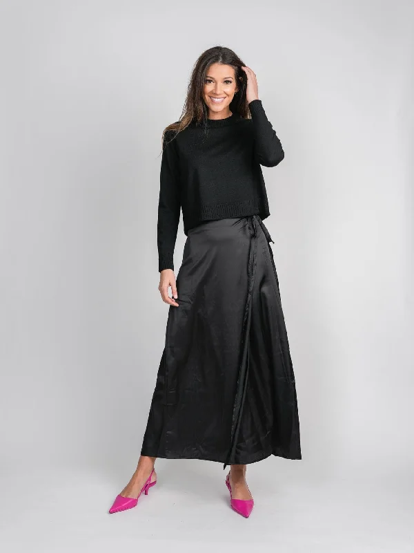 SATIN WRAP SKIRT-BLACK wrap skirt elegant