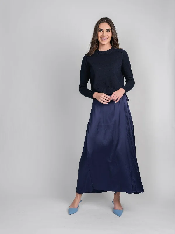 SATIN WRAP SKIRT- NAVY leather skirt bold