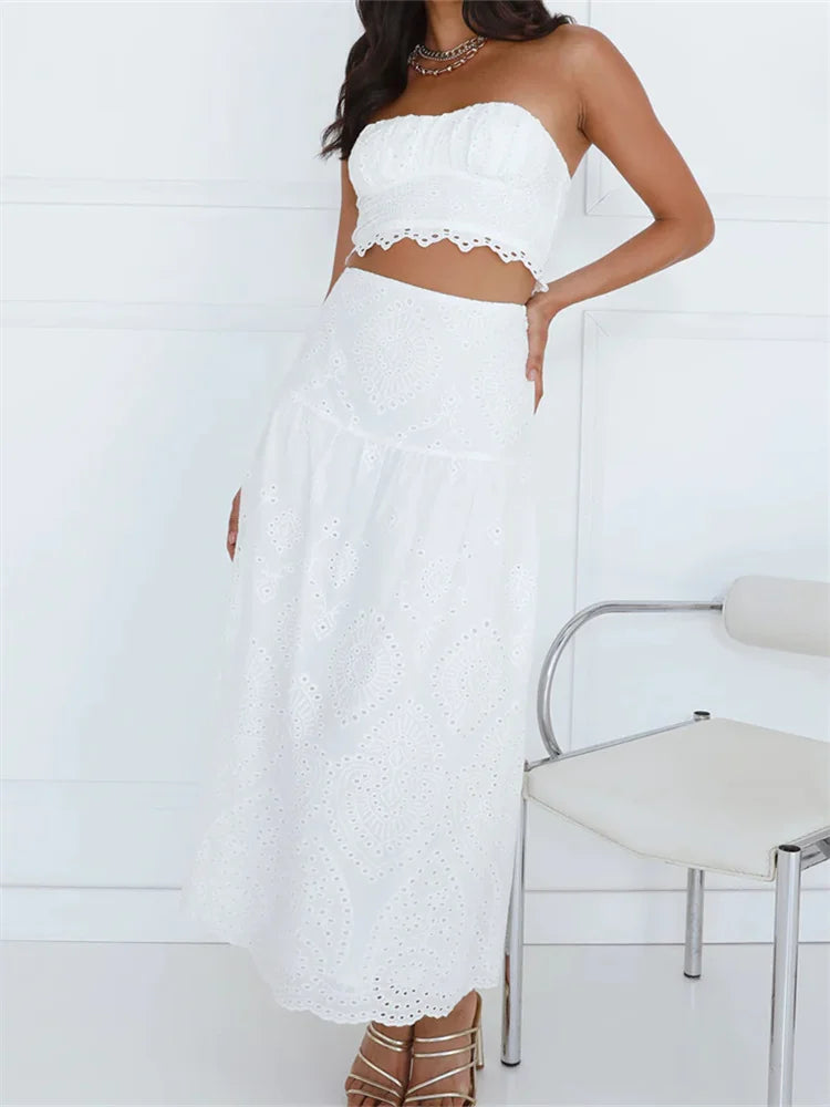 JuliaFashion - Strapless Off Shoulder High Waist Long Skirts Beachwear Suits chiffon skirt delicate